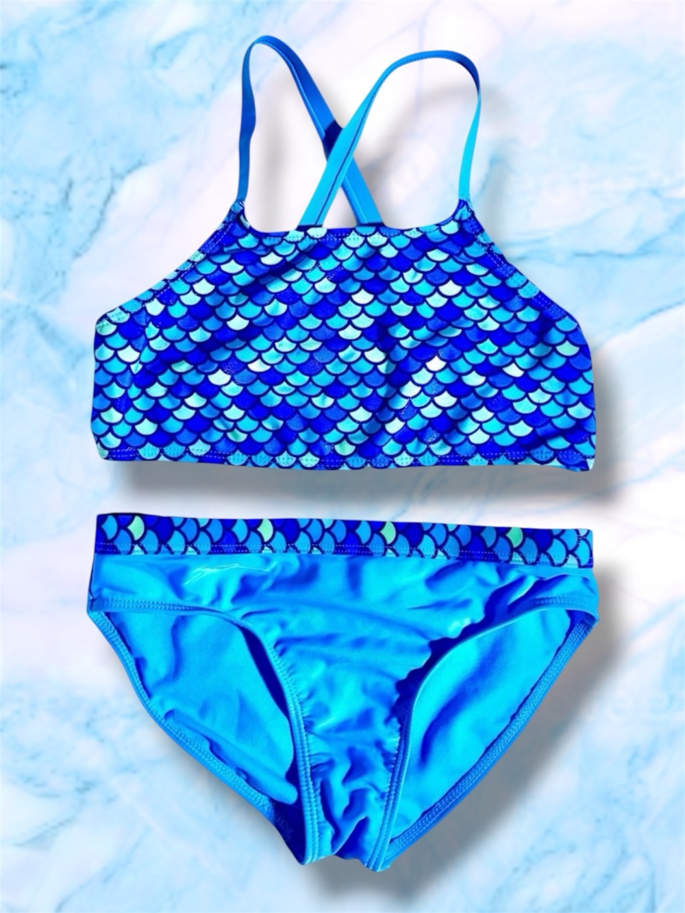 Wonder Nation Girls Sparkly Blue Mermaid‑Scale 2‑Piece Swimsuit Large (10–12)